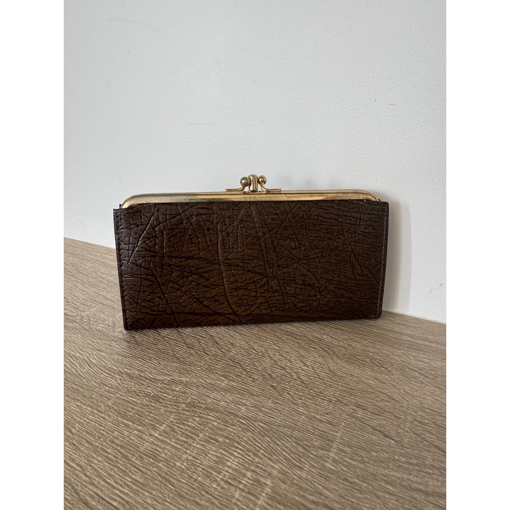 Vintage Renwick Genuine Cowhide Leather Kiss Lock Wallet Brown Gold Hardware